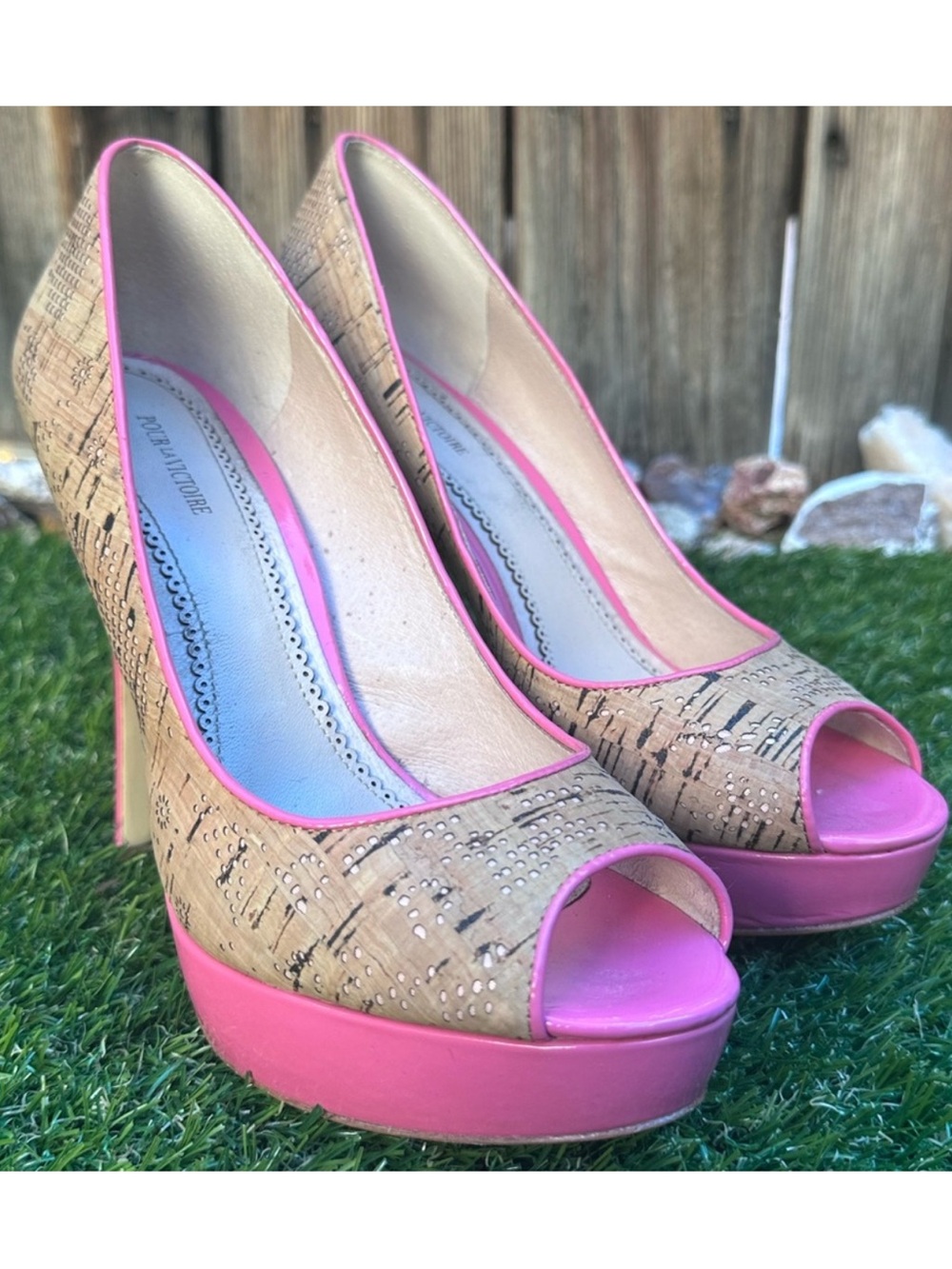 Pour La Victoire Pink Trim Cork Peep-Toe Platform Pumps - Picture 3 of 8
